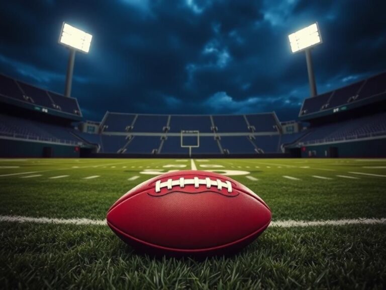 Flick International Empty football stadium at dusk with New York Giants logo visible