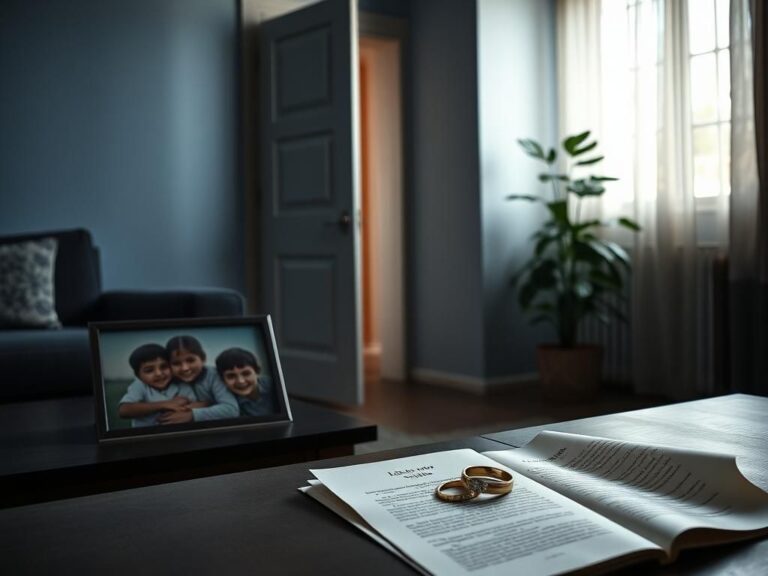 Flick International A dimly lit room with family photo and wedding ring representing divorce