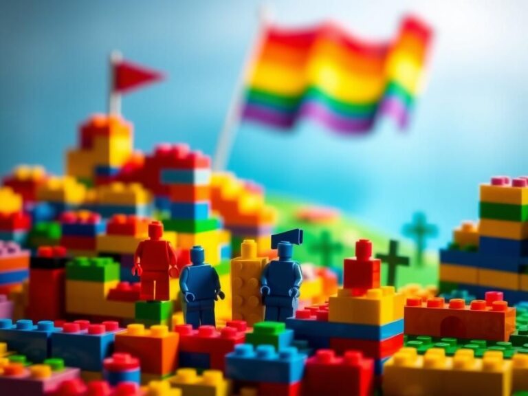 Flick International Colorful Lego landscape featuring structures symbolizing diverse gender representations