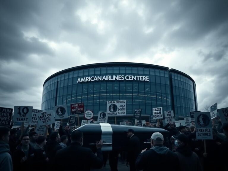 Flick International Dramatic view of the American Airlines Center with protest signs reflecting fan anger after Luka Dončić trade