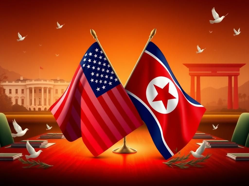 Flick International Stylized representation of the United States and North Korea flags intertwined, symbolizing diplomacy.