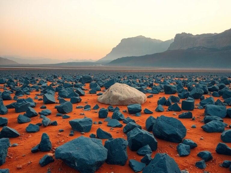 Flick International Blue basalt rocks on Mars landscape with reddish-brown soil and Mount Washburn in the background