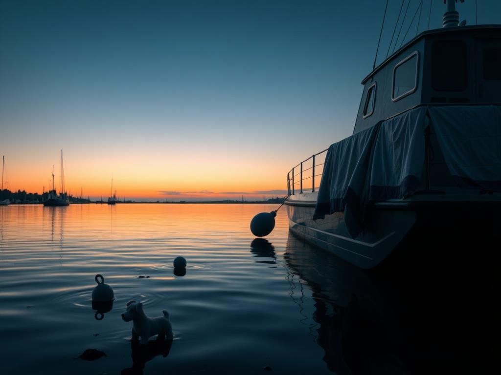 Flick International A houseboat docked in a serene marina reflecting sunset colors