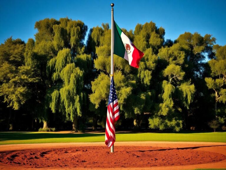 Flick International A California park scene with a Mexican flag raised on a flagpole and an American flag on the ground