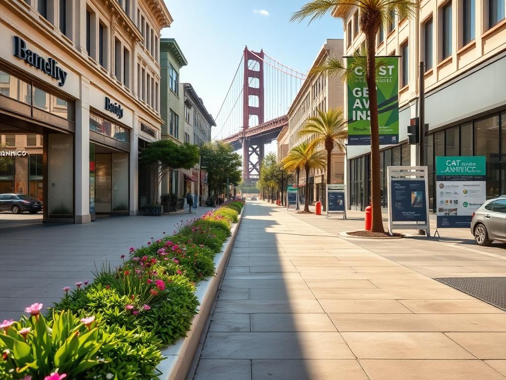 Flick International A vibrant urban street scene in San Francisco showcasing clean sidewalks and greenery