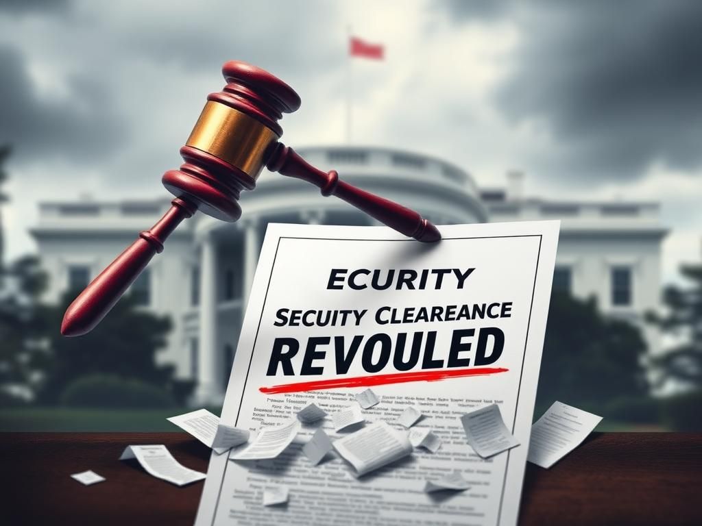 Flick International Gavel striking a document marked 'Security Clearance Revoked' with a blurred White House background