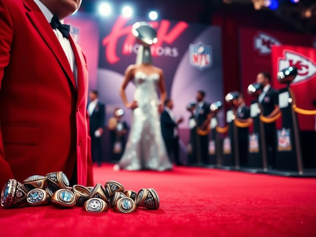 Flick International Vibrant NFL Honors red carpet scene with red blazer and Super Bowl rings