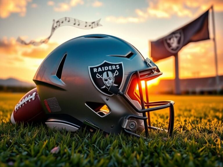 Flick International Close-up of a Las Vegas Raiders helmet on a grassy field during sunset