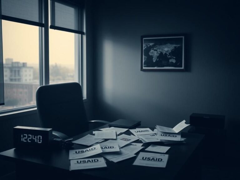 Flick International Dimly lit office space with an empty desk representing USAID employees facing potential leave