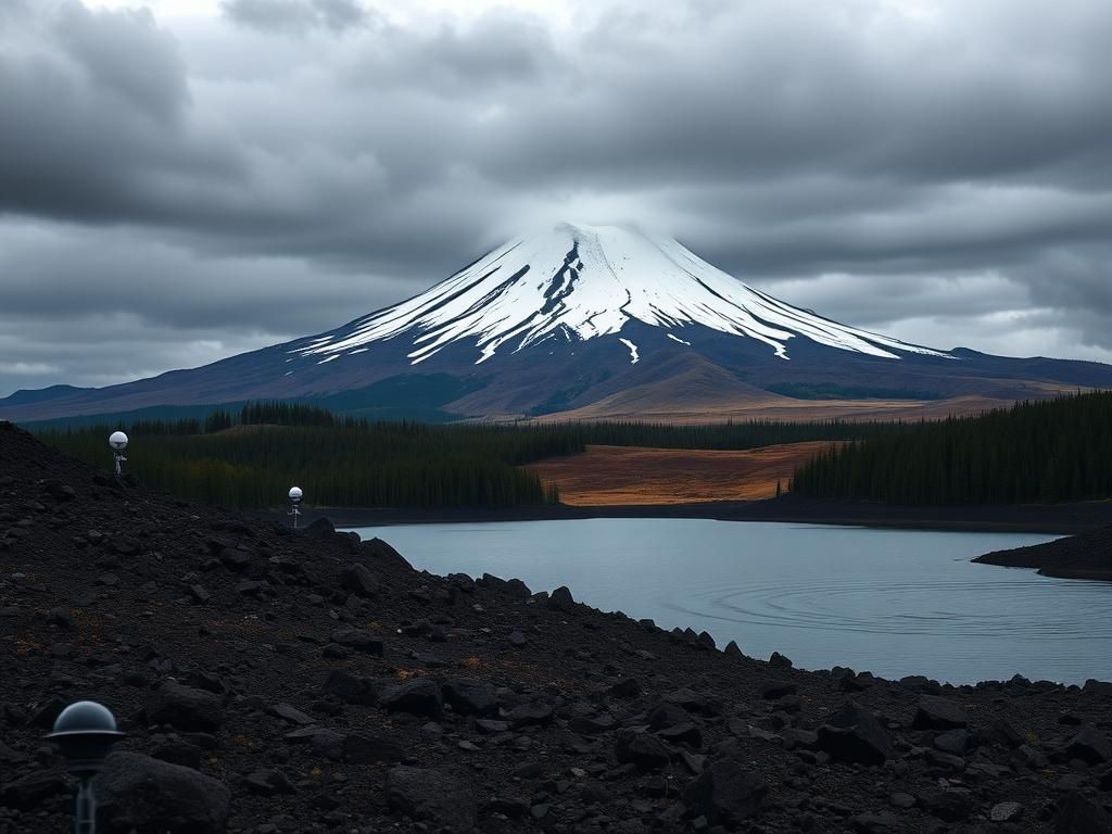 Flick International A breathtaking view of Mount Adams with dark volcanic rocks and a snowy summit under a cloudy sky