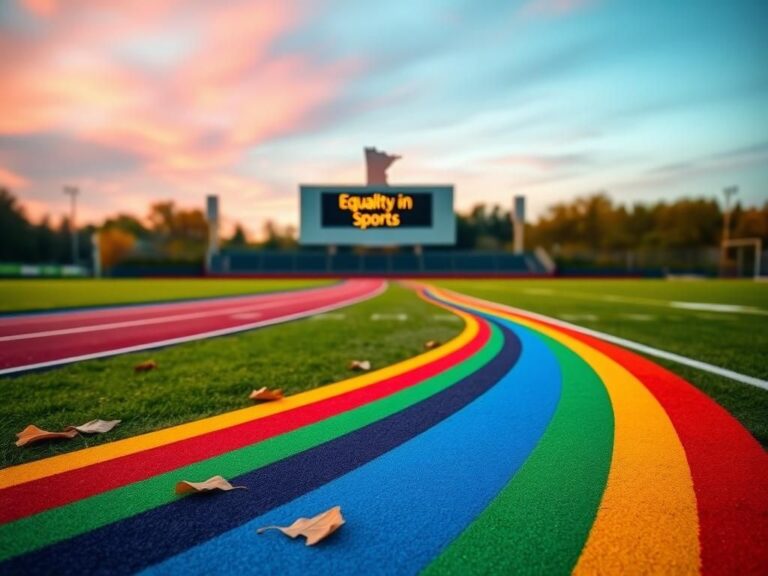 Flick International A vibrant sports track featuring rainbow-colored lines symbolizing inclusivity for transgender athletes.