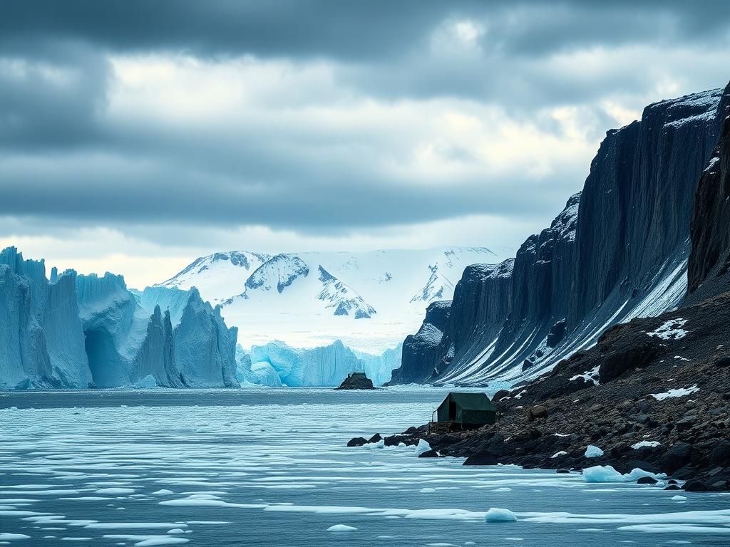 Flick International Rugged Greenland landscape with icebergs and cliffs under overcast sky