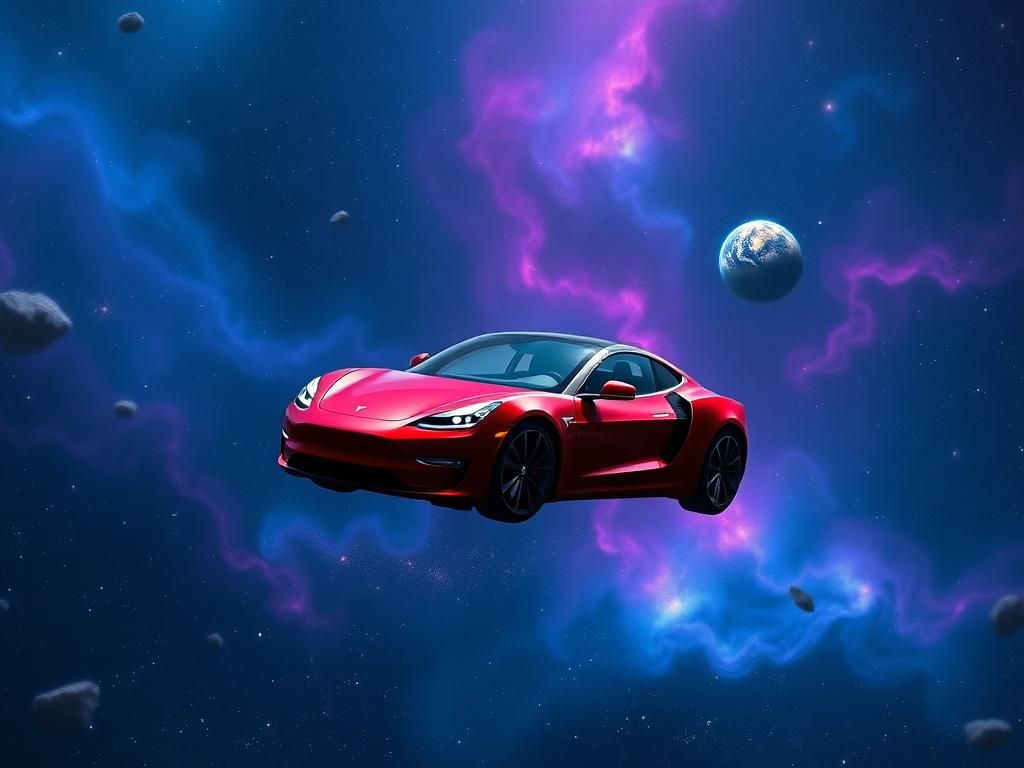 Flick International Tesla Roadster floating in space with nebulae and cosmic debris