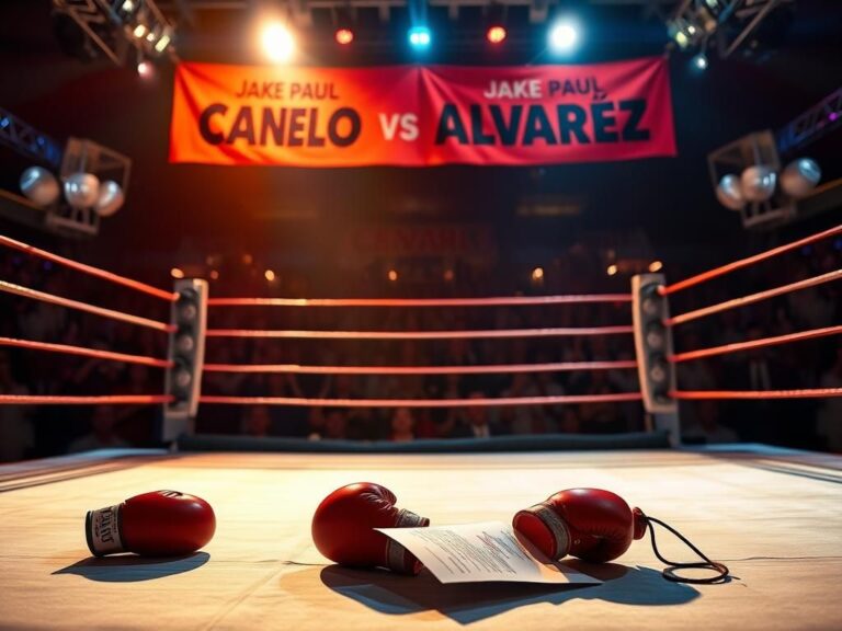 Flick International A dynamic boxing ring in Las Vegas illuminated with vibrant lights, depicting the rivalry between Jake Paul and Canelo Álvarez.