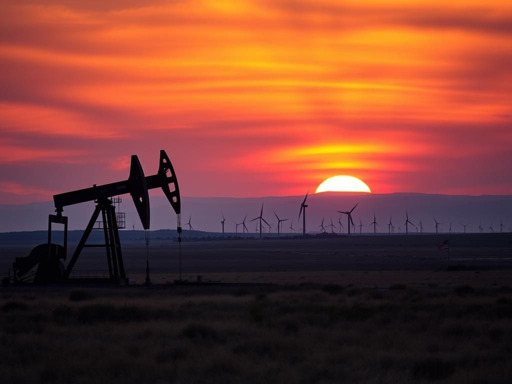 Flick International A rugged American landscape with towering oil rigs and wind turbines at dusk