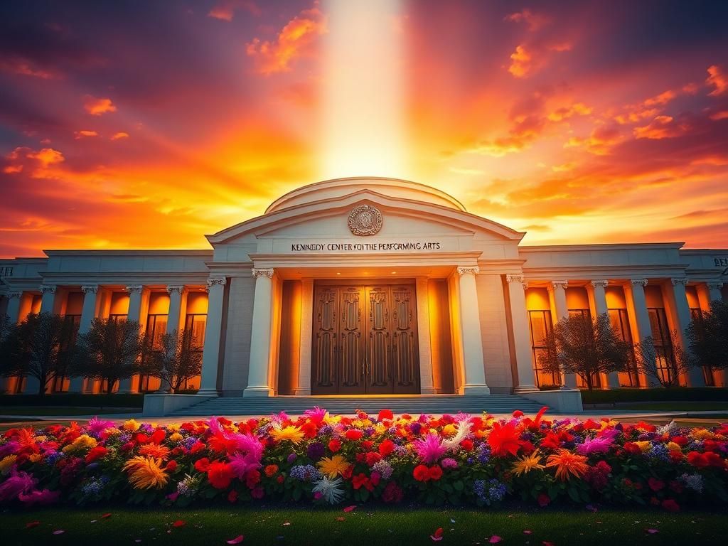 Flick International Dramatic view of the Kennedy Center with ornate doors and vibrant flowers