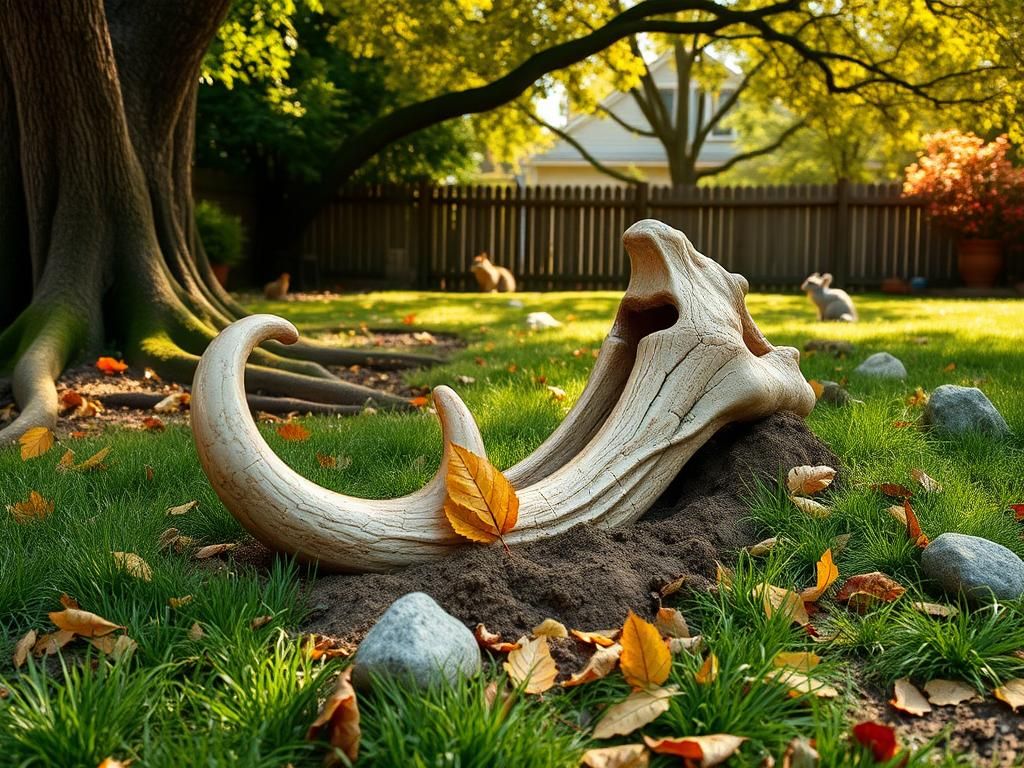 Flick International Complete mastodon jaw partially buried in a New York backyard