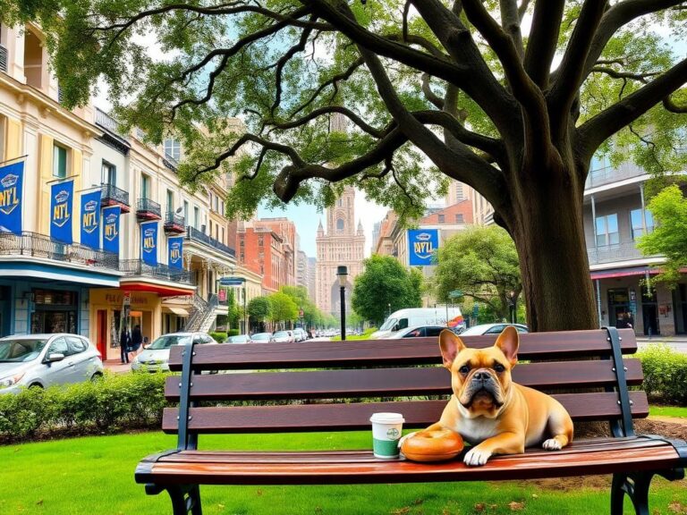 Flick International A vibrant cityscape of New Orleans during the Super Bowl festivities with a cozy park bench and a playful French bulldog.