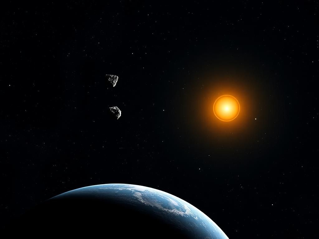 Flick International Earth with a silhouette of a small 'mini moon' asteroid drifting into space