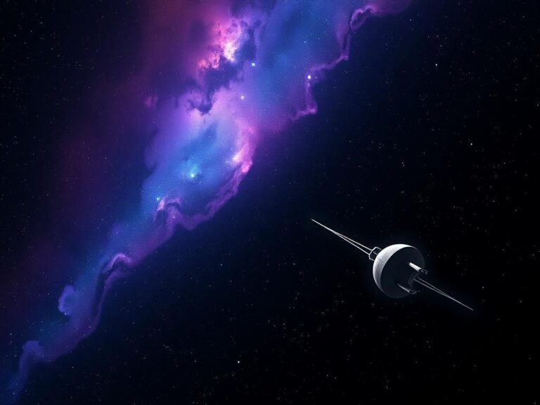 Flick International Voyager 1 spacecraft sending data from interstellar space against a backdrop of vibrant nebulas