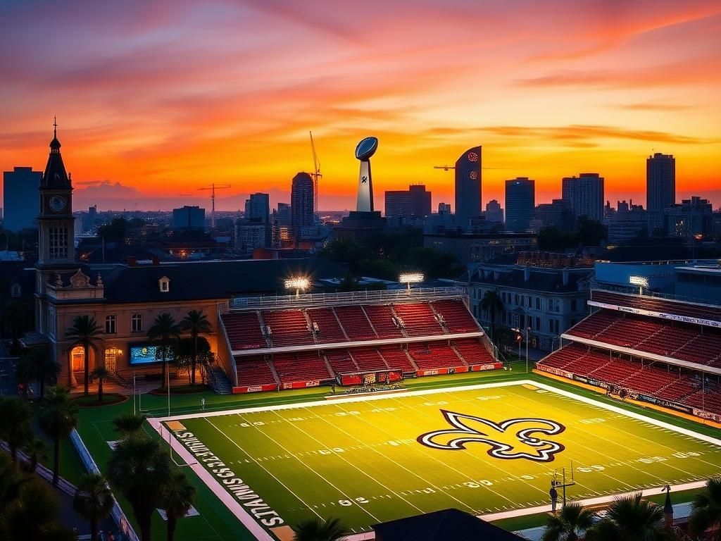 Flick International A vibrant scene of the New Orleans skyline at dusk, featuring a lit football stadium with the Saints' logo.