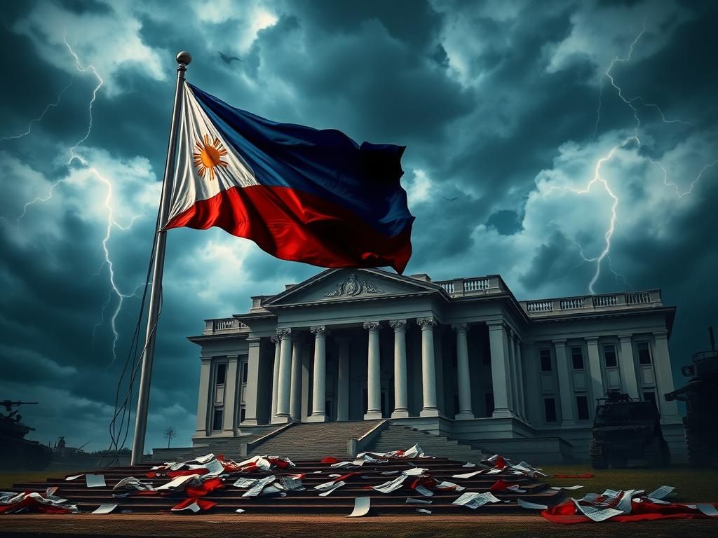 Flick International Philippine flag at half-mast against a stormy sky, symbolizing political tension and turmoil