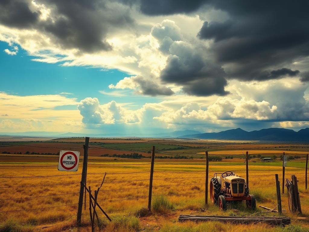 Flick International Landscape of South Africa's agricultural land with a weathered fence and stormy skies