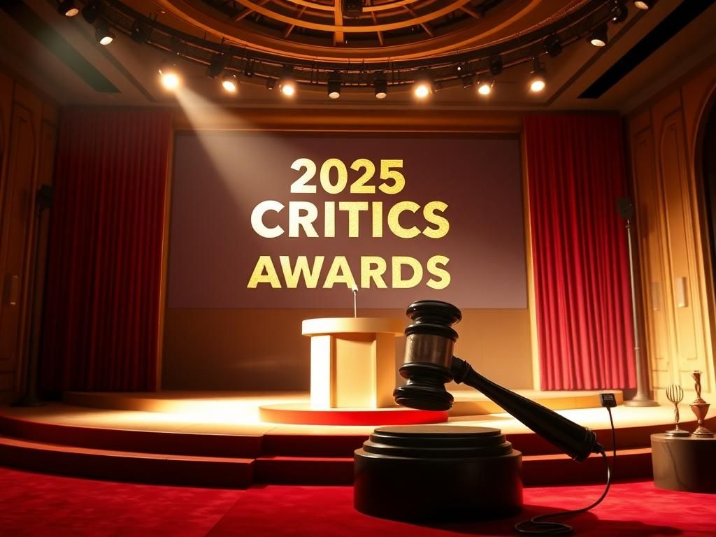 Flick International A grand awards stage at the 2025 Critics Choice Awards with a stylish podium and a playful oversized gavel