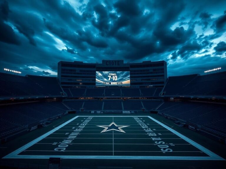 Flick International Empty Dallas Cowboys stadium at twilight with dark clouds and faded star logo