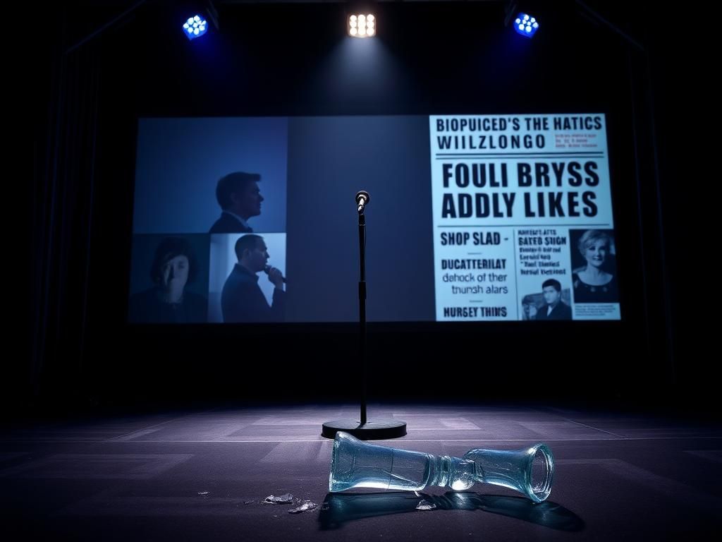 Flick International Dimly lit stage with a spotlight on a microphone stand, reflecting the themes of biopics and satire.