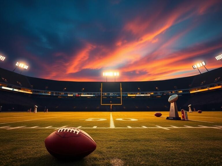 Flick International A dramatic football field at dusk with vibrant sky colors and an illuminated goalpost