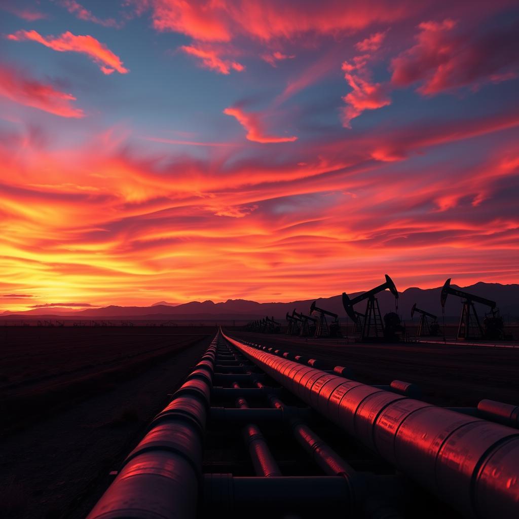 Flick International Expansive oil field with oil rigs at sunset