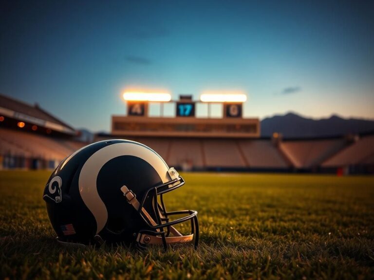 Flick International Twilight scene of the Los Angeles Rams stadium with a football and helmet in the foreground