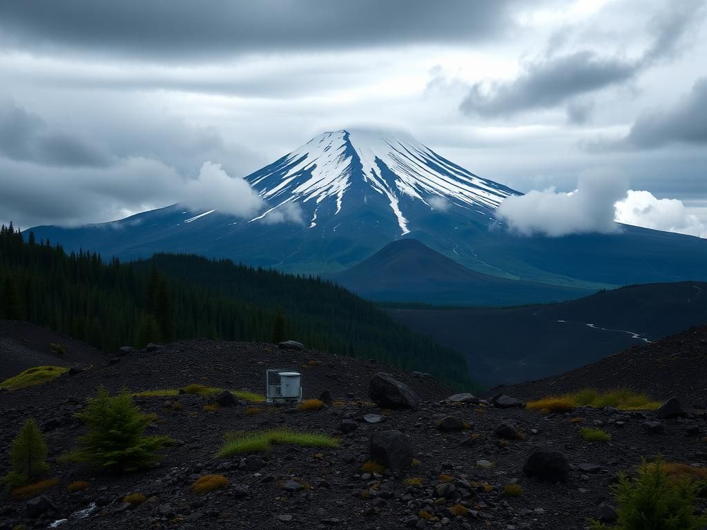 Flick International Snow-capped Mount Adams volcano under an overcast sky with a seismic monitoring station