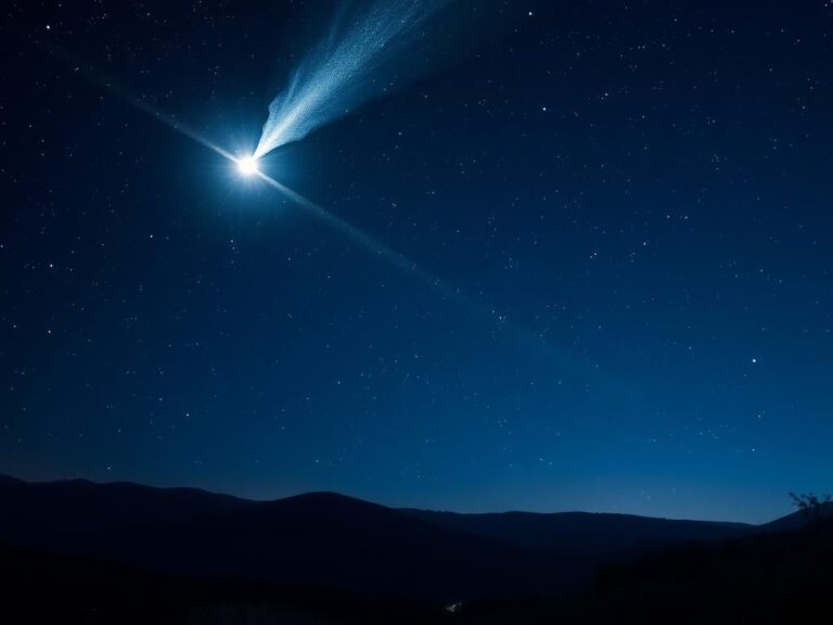 Flick International A magnificent comet with a bright head and a long, wispy tail against a starry night sky