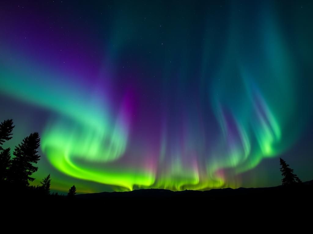 Flick International Swirling auroras in vibrant colors illuminate a serene landscape