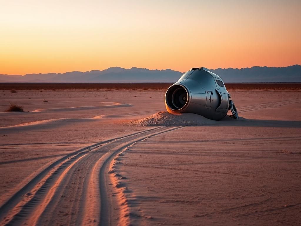 Flick International Boeing Starliner spacecraft resting on the New Mexico desert, partially buried in sand