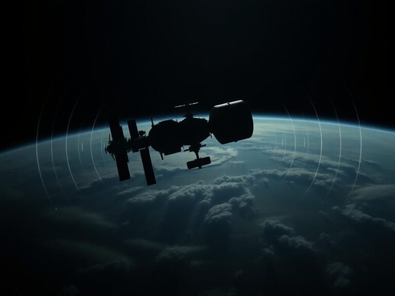 Flick International Dark outer space scene with the International Space Station and the Boeing Starliner silhouetted against Earth