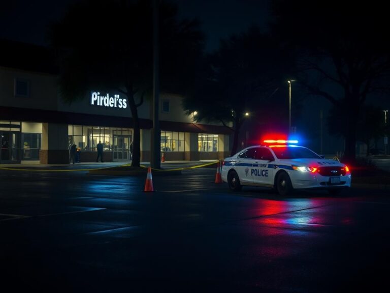 Flick International Dimly lit shopping center with a police cruiser parked nearby, reflecting urgency.