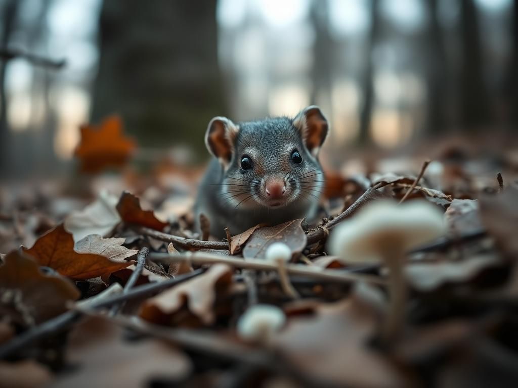 Flick International Close-up of a northern short-tailed shrew camouflaged among fallen leaves in Alabama's woodland