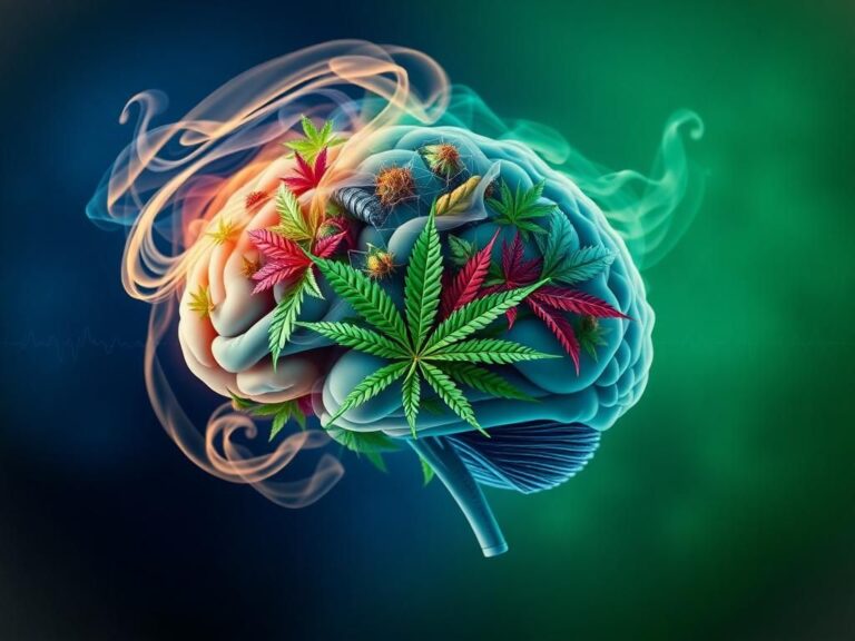 Flick International Abstract representation of a brain made from cannabis leaves and smoke illustrating the effects of heavy use on brain function