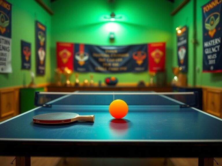 Flick International A vibrant indoor table tennis scene with a ping-pong table and an orange ball poised for action.