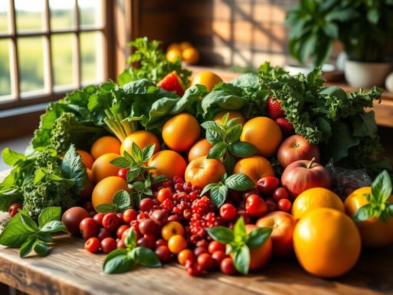 Flick International A serene arrangement of fresh, organic fruits and vegetables on a rustic wooden table symbolizing health and nutrition