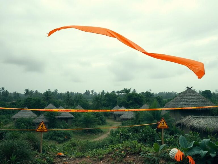 Flick International A desolate landscape in the Democratic Republic of the Congo, featuring thatched-roof huts and a biohazard containment area with quarantine tape.