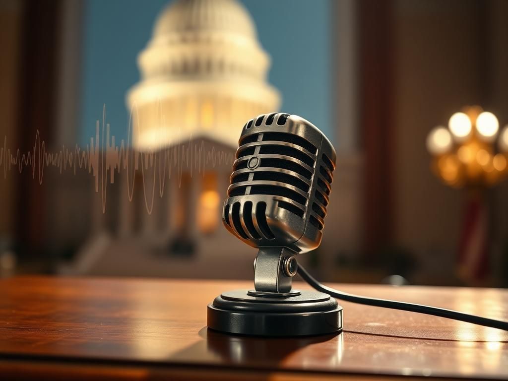 Flick International Close-up of a vintage microphone on a polished wooden podium