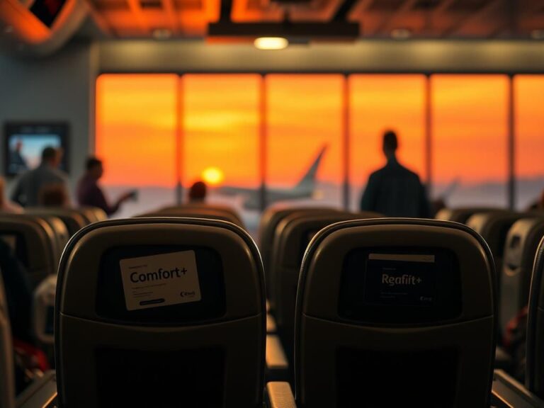 Flick International A bustling airport terminal scene showing two empty airplane seats with contrasting labels