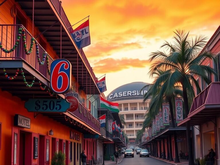 Flick International A bustling New Orleans street decorated for Super Bowl weekend with a Motel 6 prominently displaying high prices.