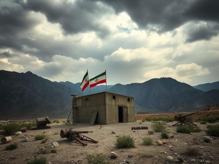 Flick International Rugged mountains of Iran with a stormy sky and military bunker