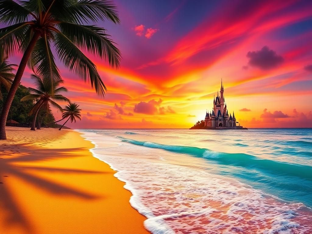 Flick International Vibrant sunset over a pristine beach with Cinderella Castle in the distance