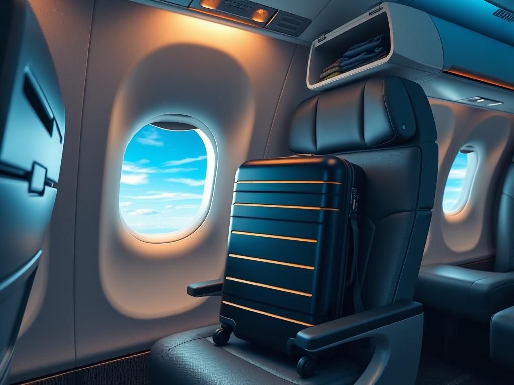 Flick International Black hard-shell suitcase secured in a first-class airline seat with soft overhead lighting